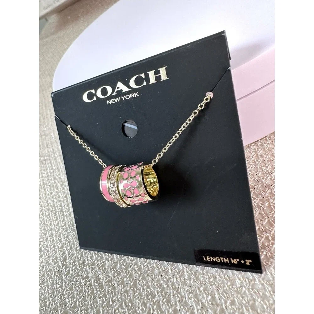 Coach Gold-Plated Signature Rondell 3 ring pink enamel Necklace 16 + 2”